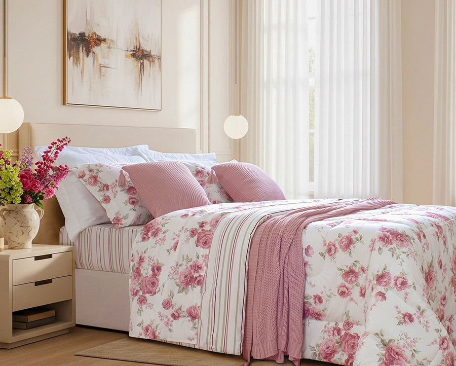 Kit 5 Peças Garden Edredom + Jogo de Cama em Algodão Percal 180 Fios