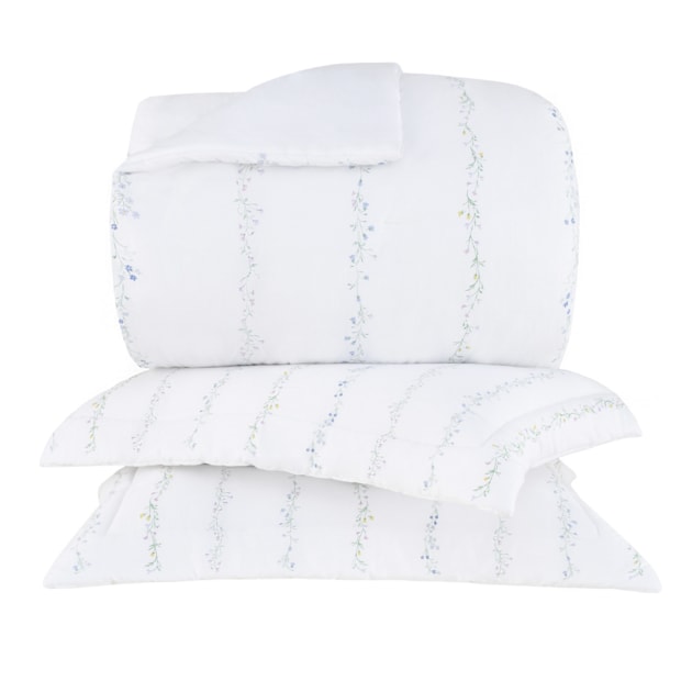 Kit Cobre-Leito Colcha Bud Vision Blue Daisy 100% Algodão Fio Penteado Cetim 270 Fios (3 Peças)