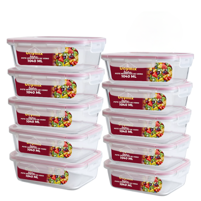 Kit 10 ou 5 Potes Vidro Hermético 1040ml Retangular 4 Travas Marmita Premium