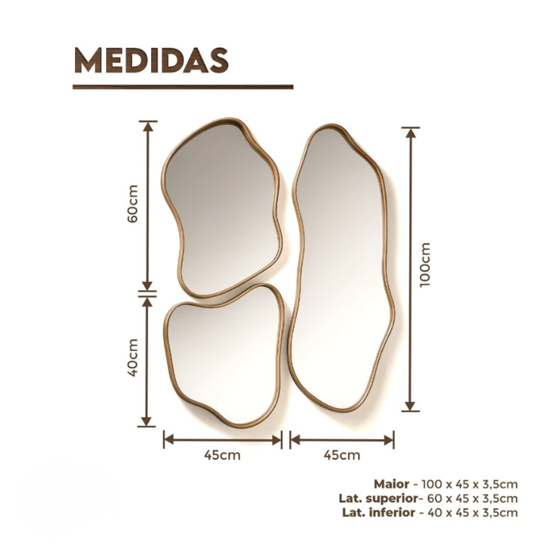 Kit 3 Espelhos Moldura Amadeirada Assimétricos Slim Cinamomo Orgânicos