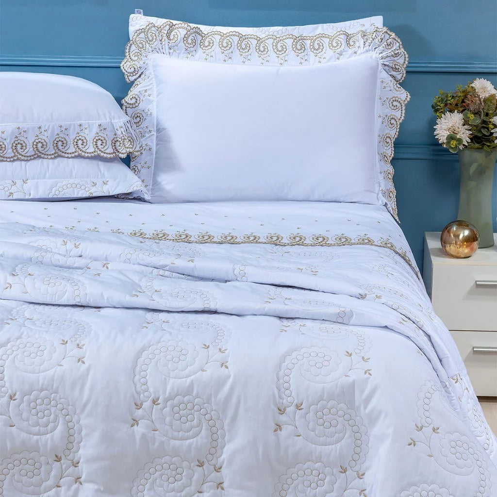 Kit Cobre Leito Bordado Percal 3 Peças 100% Algodão Luxo