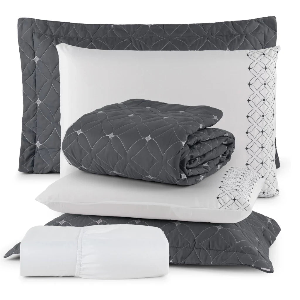 Conjunto de 6 Peças para Casal com Bordado - Cobre Leito e Lençol Ideale 200 Fios