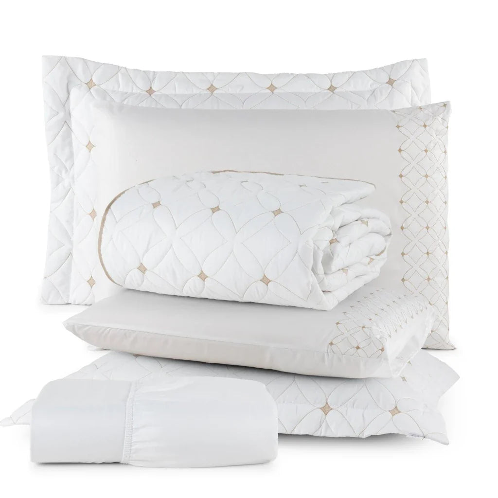 Conjunto de 6 Peças para Casal com Bordado - Cobre Leito e Lençol Ideale 200 Fios