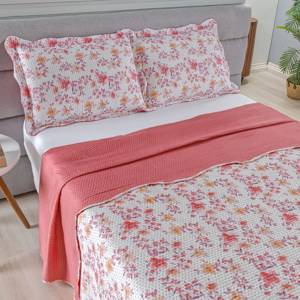 Kit Cobre-Leito Bouti Flor 3 Peças  Estampado Dupla Face