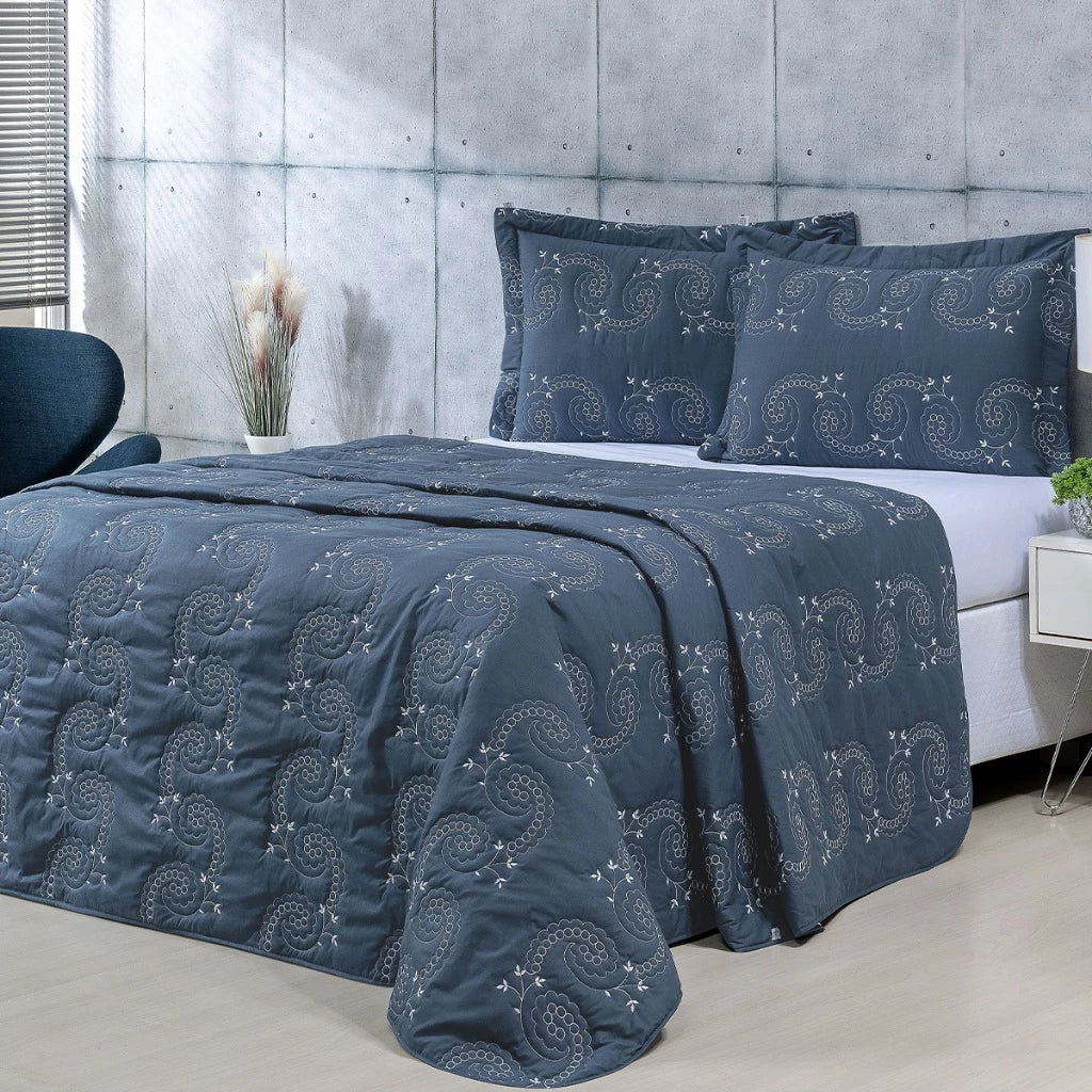 Kit Cobre Leito Bordado Percal 3 Peças 100% Algodão Luxo