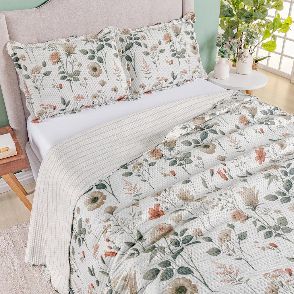 Kit Cobre-Leito Bouti Flor 3 Peças  Estampado Dupla Face