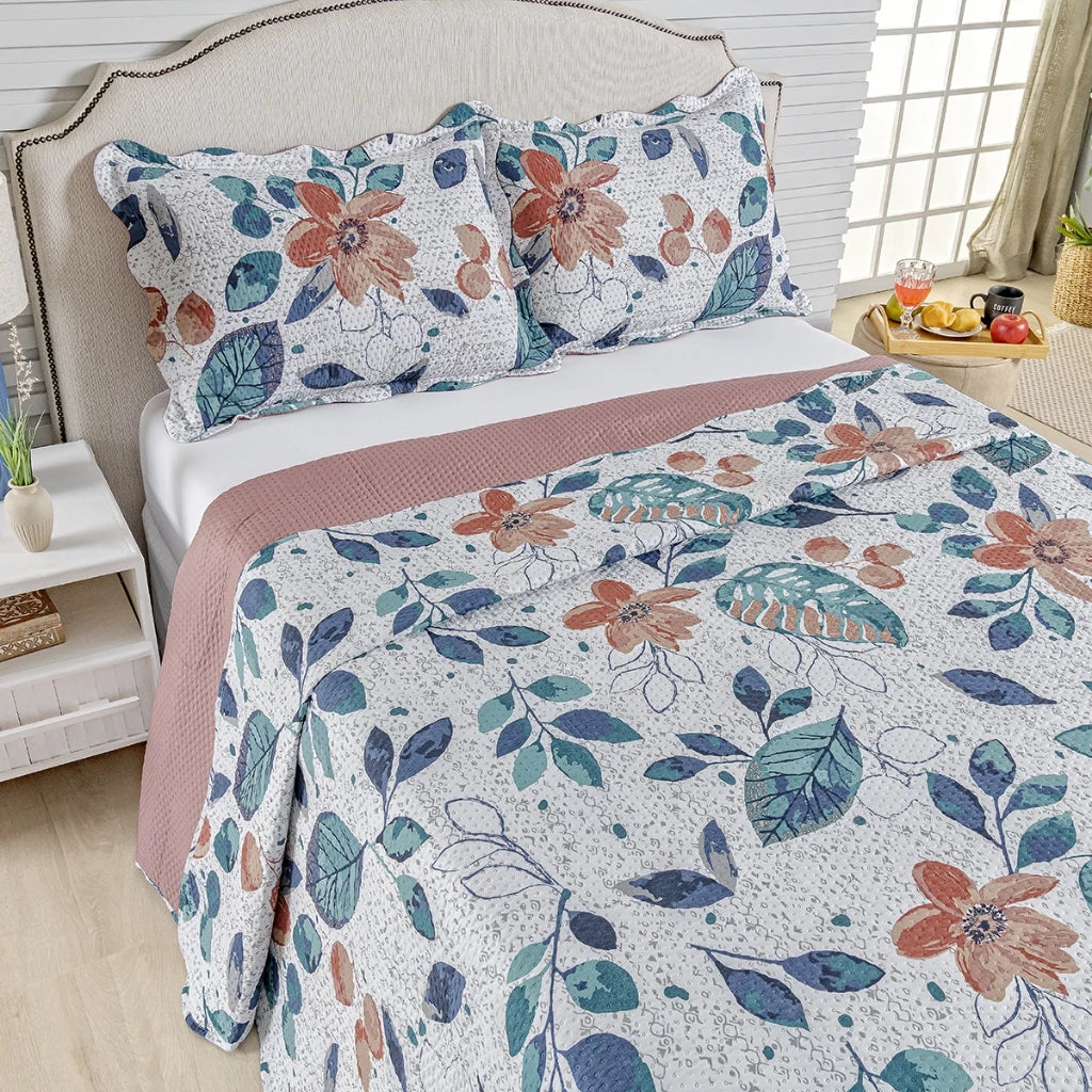 Kit Cobre-Leito Bouti Flor 3 Peças  Estampado Dupla Face