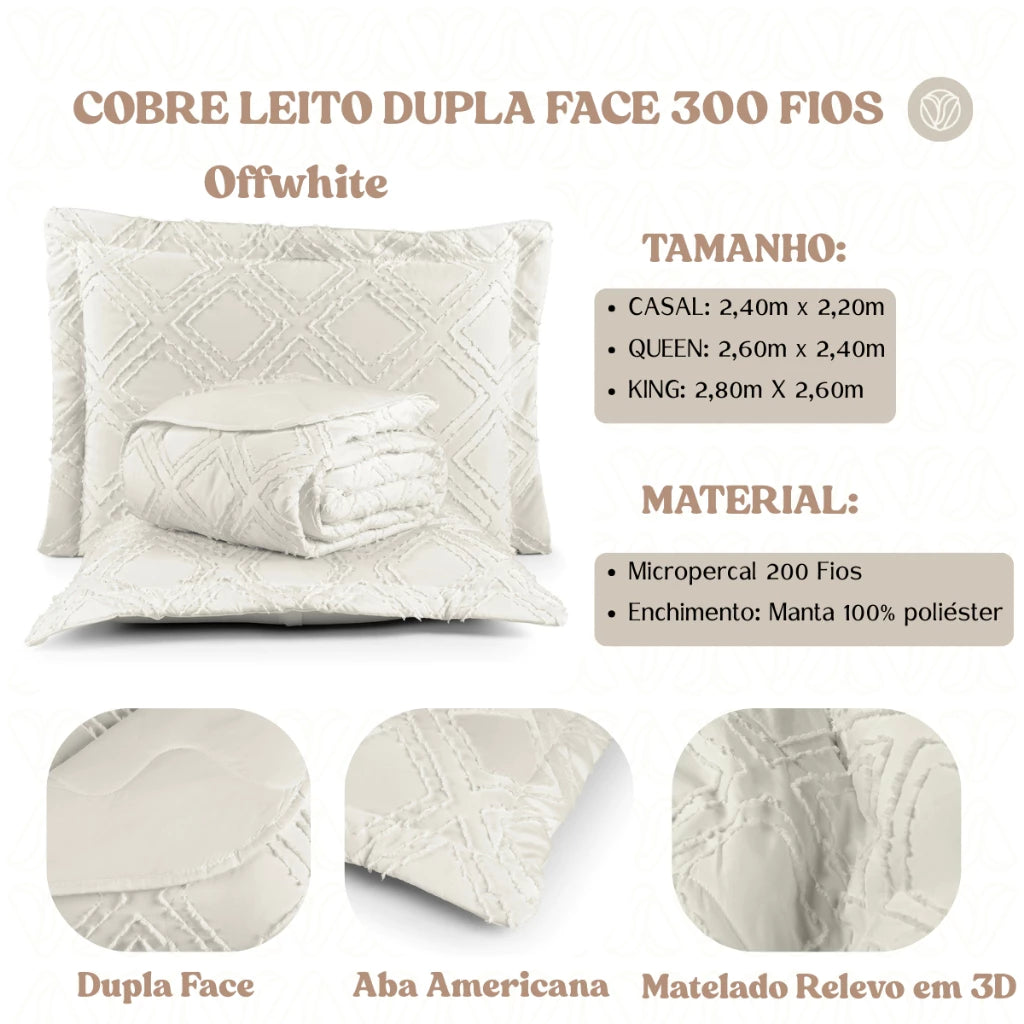 Cobre Leito 300 Fios Dupla Face 3 peças Boho