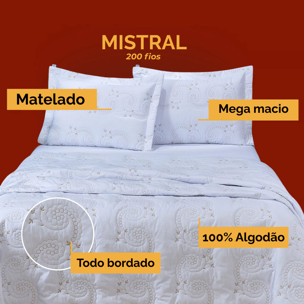 Kit Cobre Leito Bordado Percal 3 Peças 100% Algodão Luxo