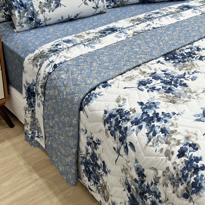 Kit Confort Print Percal 07 Peças - 300 Fios Cobre Leito + Jogo de Lençol  Dupla Face