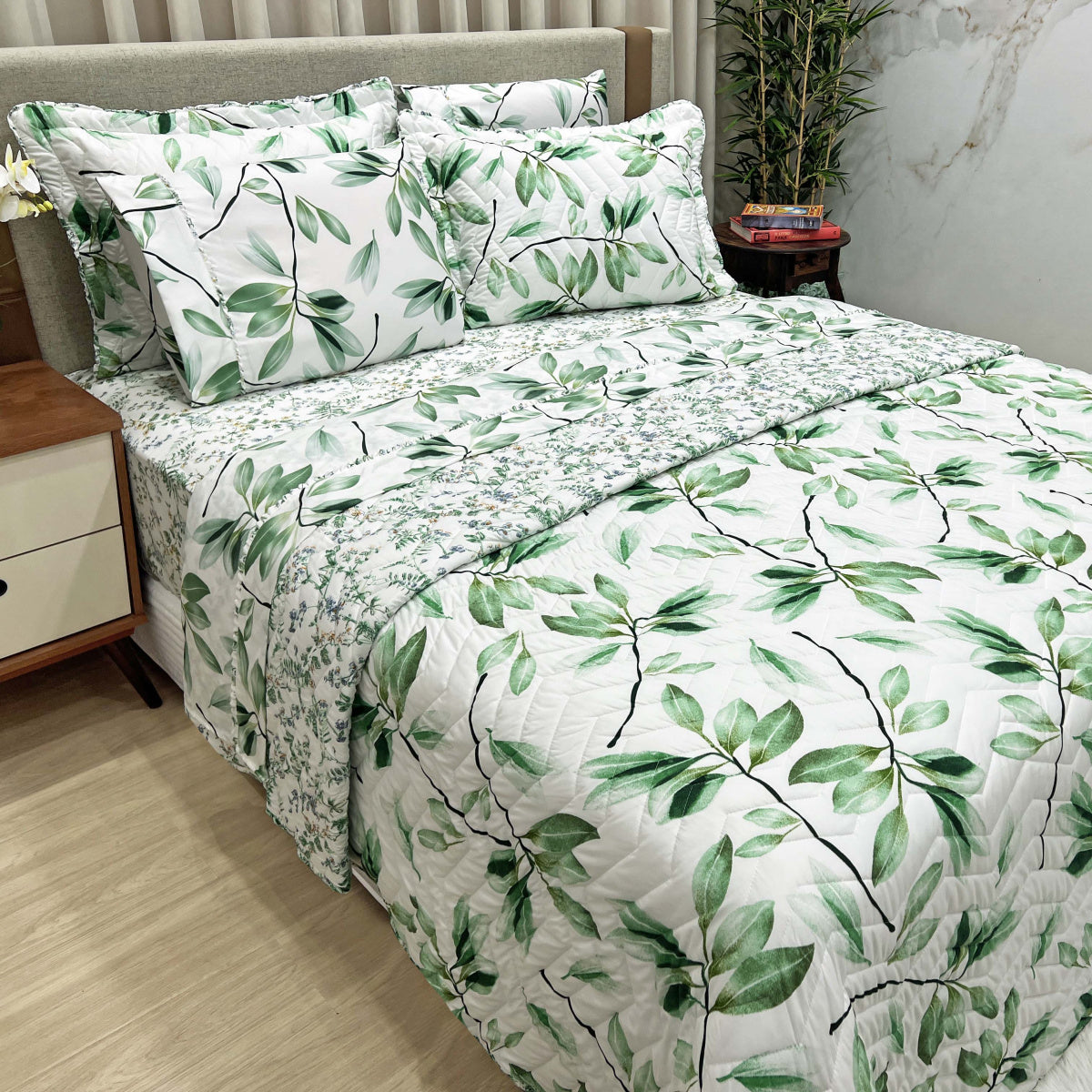 Kit Confort Print Percal 07 Peças - 300 Fios Cobre Leito + Jogo de Lençol  Dupla Face